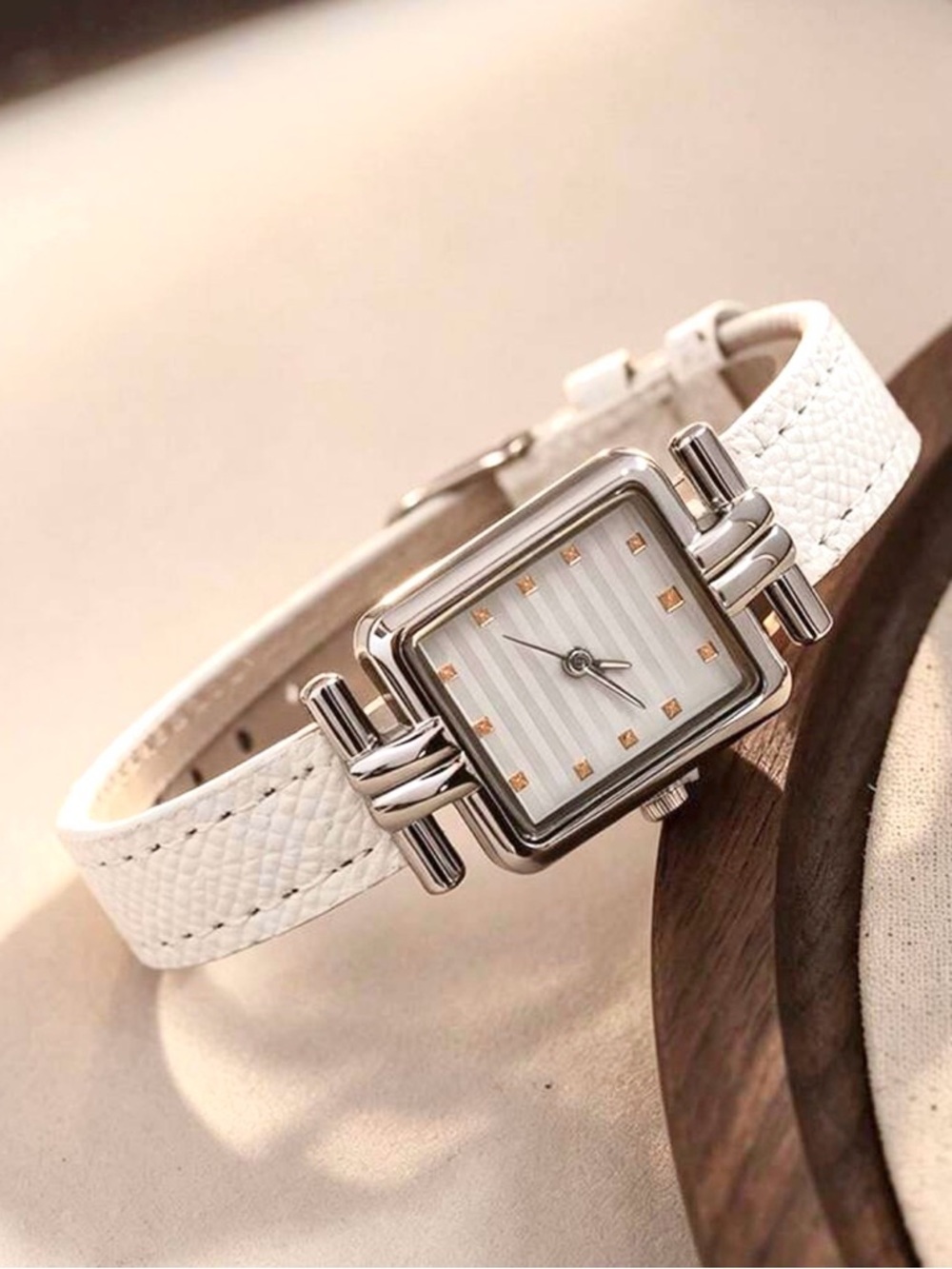 White Leather Strap Square Watch